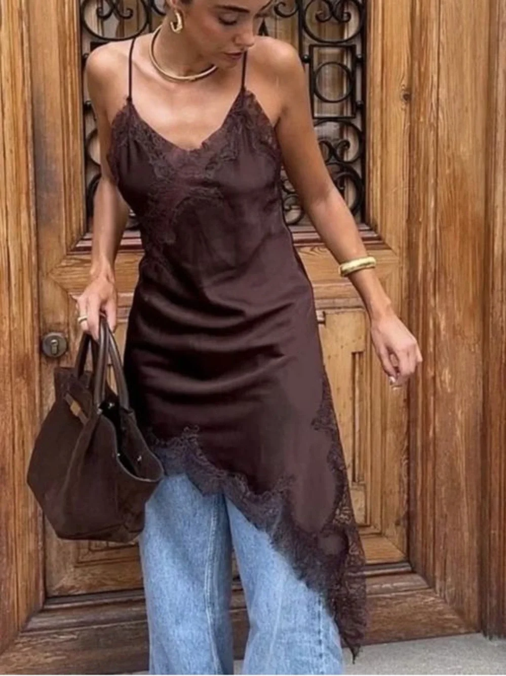 ZARA Satin Effect Chocolate Brown Lace Trim Asymmetric Slip Dress NWT - Picture 5 of 16